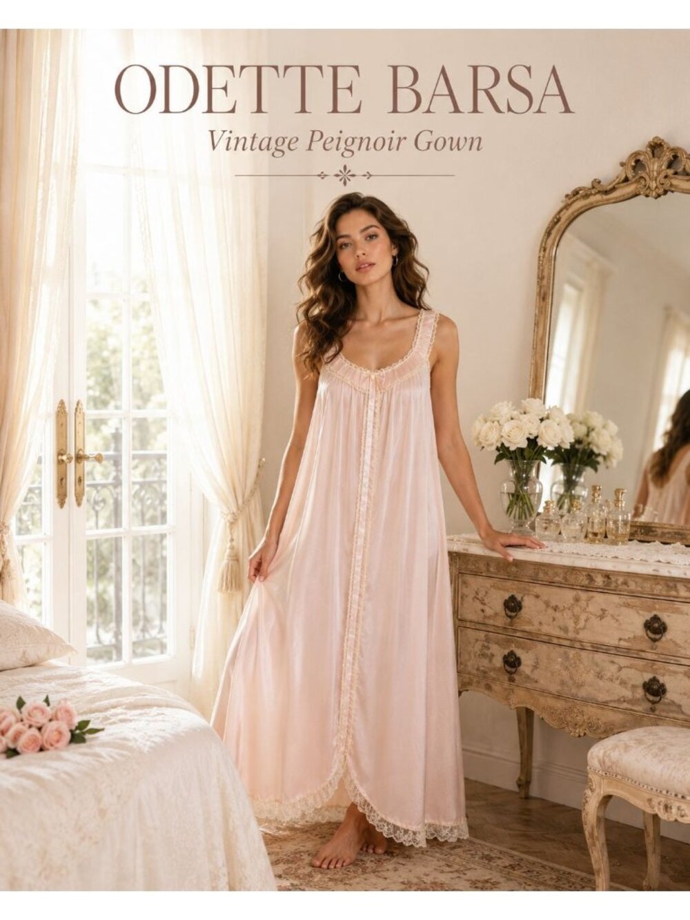 VTG  60s 70s Odette Barsa Peignoir Nightgown Pink Lace Ribbon Maxi Gown M L
